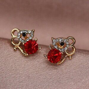 Red and Clear Colored Rhinestone Mouse Stud Earrings